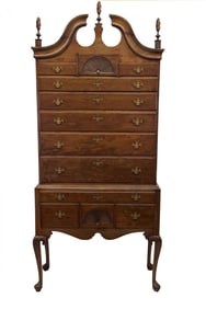 NEW ENGLAND C. 1780 BROKEN ARCH TOP CHERRY HIGHBOY W/ FAN CARVINGS, TWO SECTIONS 92" X 41" X 19 1/2"