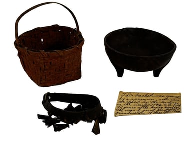 MOHAWK VALLEY, NY ARTIFACTS INC. NATIVE AMER. BOWL ANKLE RATTLE & PAINTED BASKET OWNED BY A WOMAN