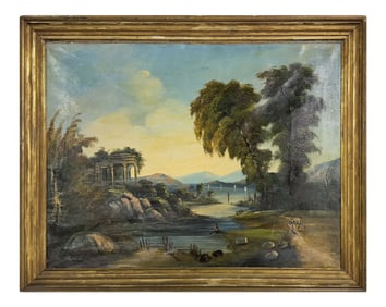 19THC. AMERICAN SCHOOL  "ARCHITECTURAL RUINS IN A LANDSCAPE" , OIL / CANVAS 24" X 32"