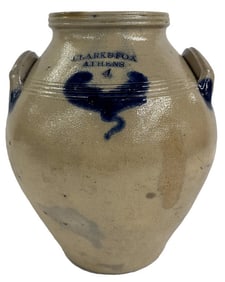 CLARK & FOX, ATHENS 4 GAL. OVOID CROCK W/ COBALT DECORATION 15" TALL