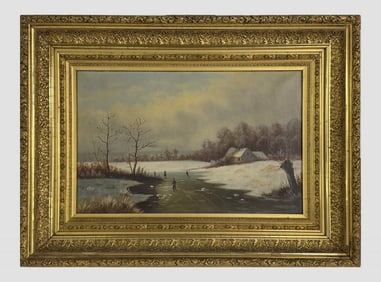 19THC. OIL / CANVAS "WINTER SKATING SCENE" UNSGND 14" X 22"