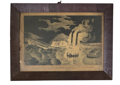 CURRIER & IVES "LOSS OF THE STEAMBOAT SWALLOW" 1845, SM FOLIO, 12 1/2" X 16 1/2" OVERALL