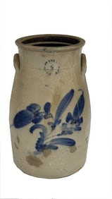 4 GAL. N. CLARK JR, ATHENS,  STONEWARE CHURN COBALT DECORATION, 16" TALL