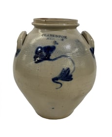 CLARK & FOX, ATHENS 3 GAL COBALT DECORATED OVOID CROCK 14 1/4" TALL