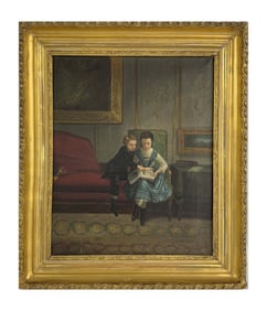 19THC. OIL/ CANVAS  "READING IN THE PARLOUR" SIGNED AND DATED 1870,  18" X 15"
