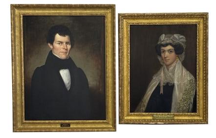 TWO PORTRAITS OF MR. & MRS. JACOB BURRILL, JR. JACOB BURRILL JR. (1793-1844) O/C 32" X 25"  &