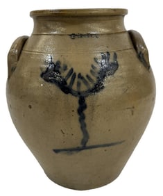 RARE E. S. FOX (ATHENS NY) OVOID CROCK W/ COBALT TREE DESIGN  (1838 - 43)   9 1/2' TALL X 8 1/2"