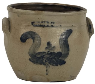 E. SELBY & CO. HUDSON NY OVOID CROCK W/ MOOSE EAR DECORATION 7" X 9"