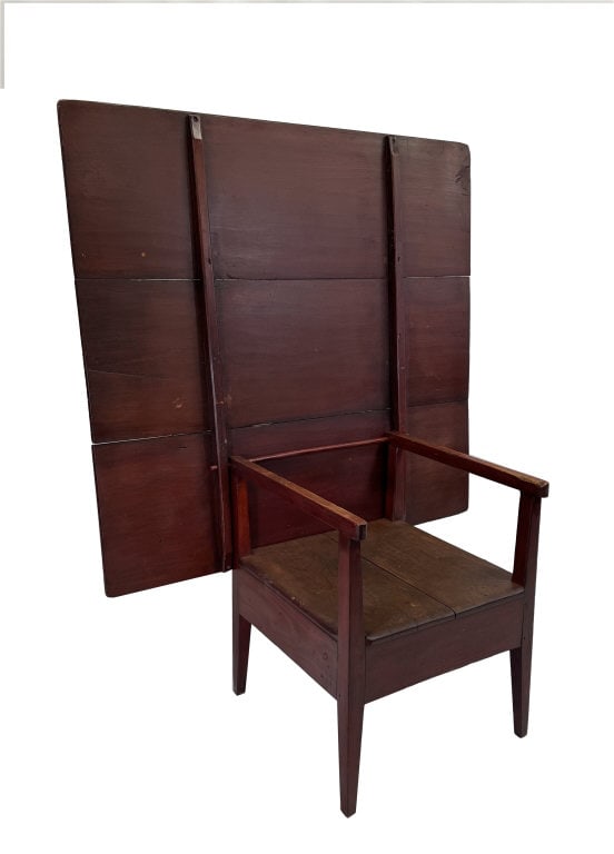 19THC. NEW HAMPSHIRE CHAIR TABLE IN OLD RED PAINT, 3 BOARD TOP 27 3/4" X 47" (1 of 8)