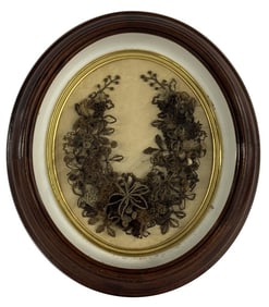 19THC.  MEMENTO MORI HAIR WREATH IN ORIG FRAME 18" X 16"