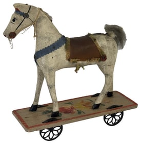 19THC. WOODEN HORSE PULL TOY W/ IRON WHEELS 14" X 12 3/4" X 4 1/2"