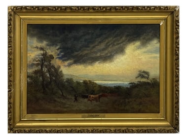 OIL/CANVAS CHARLES W. KNAPP "HEADING FOR SHELTER" (1823 - 1900) PROV. TILLOU  18" X 26"