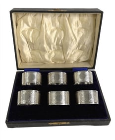 6 EDWARDIAN STERLING SILVER NAPKIN RINGS IN ORIGINAL BOX  APPROX. 5.41 TROY