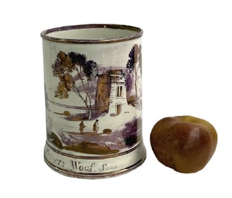 18THC. CREAMWARE CIDER MUG W/ SUNDERLAND LUSTER DECORATION  7" TALL
