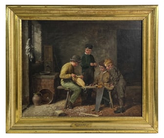 OIL / CANVAS WILLIAM BROMLEY III "MAKING A BOWL" LONDON CANVAS STAMP 17 1/2" X 21"