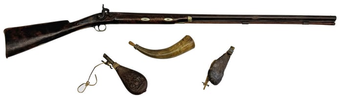 ALTERED PERCUSSION CAP LONG GUN, DATED POWDER HORN & SHOT POUCHES,  53"