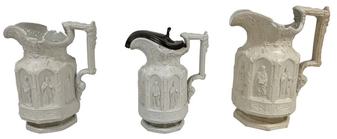 3 C. 1840 SALT GLAZED PARIAN "APOSTLE" JUGS TALLEST 10 3/8"