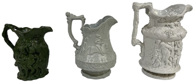 2 BACCHANALIAN SALT GLAZE PARIAN JUGS & RIDGEWAY "KNIGHT JOUSTING" JUG 11" TALL
