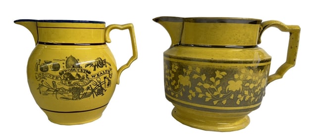 2 CANARY YELLOW CREAM POTS, 1 IN SILVER RESIST & 1 WITH LAND OWNERS PRAYER  1- 4 3/4" & 1 -5"