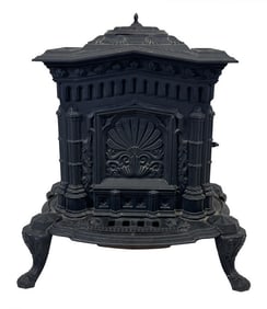 CAST IRON PARLOR STOVE W/ GOTHIC CASTINGS BY WAGER PRATT & CO. TROY, NY  27" X 24" X 19 1/2"