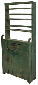 19THC. PAINTED GREEN WALL CABINET WITH OPEN PLATE RACK TOP 68" X 32" X 12"