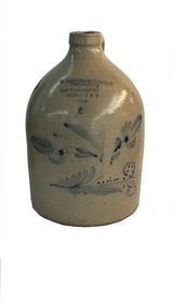 ROSSMAN & MCKINSRY, HUDSON, NY 1864, 3 GAL. JUG W/ COBALT FLOWER, PROB CLARK JR ATHENS, 15" TALL