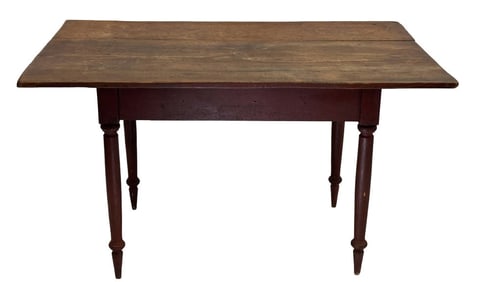 C. 1825 AMERICAN PLANK TOP COUNTRY TABLE IN RED PAINT 28 3/4" X 50" X 31"