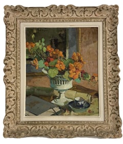 OIL / BOARD "OLD PARIS COMPOTE W/ FLOWERS" SIGND INDISTINCTLY UPPER LEFT CORNER  (PAUL ???)18" X 15"