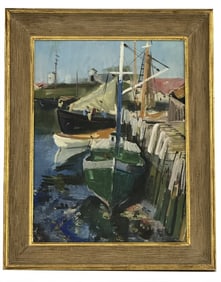 GOAUCHE ON BD BY RUDOLF JACOBI "GLOUCESTER BOATS" (1889 - 1972) 23 1/4" X 17 1/2" SITE SIZE