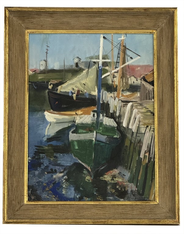 GOAUCHE ON BD BY RUDOLF JACOBI "GLOUCESTER BOATS" (1889 - 1972) 23 1/4" X 17 1/2" SITE SIZE (1 of 5)