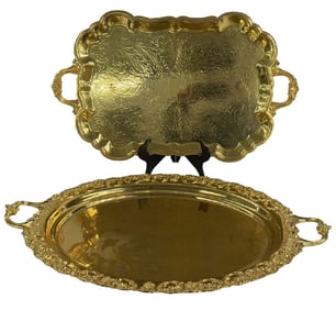 2 GOLD PLATED BUTLER TRAYS, LONGEST 29" X 20"