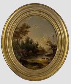 HUDSON RIVER SCHOOL LANDSCAPE IN OVAL FRAME OIL / CANVAS 12 1/2" X 11"
