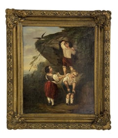 19THC. GENRE SCENE " STEALING SOME EGGS"  O/C UNSGND 20" X 16"