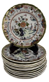 SET OF 12 POLYCHROME MASONS IRONSTONE PLATES LUNCHEON, 8 3/4" DIAM