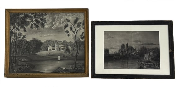 2 SAND PAPER DRAWINGS  "MANOR HOUSE" & "EUROPEAN PORT"  LARGER 15" X 18"