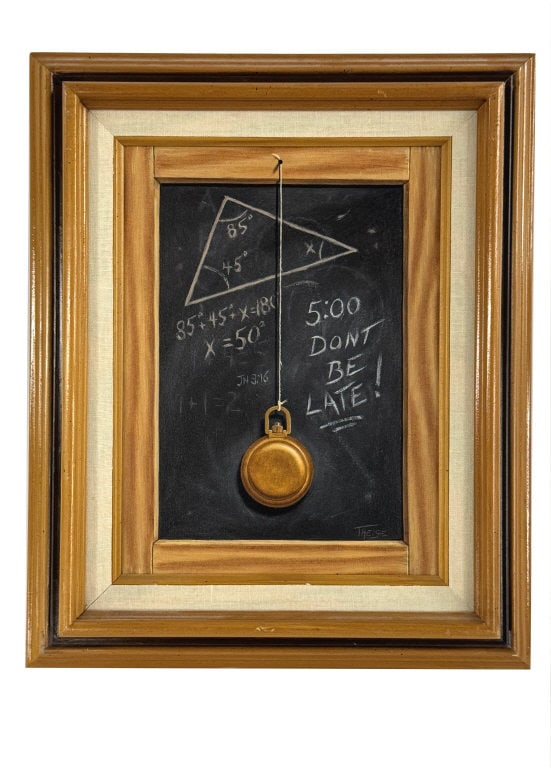 TROMPE L'OEIL BY MICHAEL THEISE, "DON'T BE LATE" (1959-)  OIL ON CANVAS  12" X 9" (1 of 4)