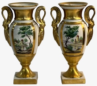 PR OF HAND PAINTED OLD PARIS GARNITURE URNS IN ORIGINAL GILDING 12 3/4" TALL
