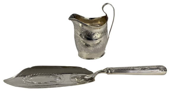 PAUL STORR STERLING SILVER FISH SLICE & SAUCE JUG BY HESTER BATEMAN, BOTH GEO III PERIOD: PAUL STORR STERLING SILVER FISH SLICE & SAUCE JUG BY HESTER BATEMAN, BOTH GEO III PERIOD