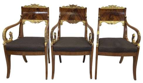 3 RUSSIAN PARCEL GILT ARM CHAIRS 19" X 18" X 23  (39" TOP OF BACK )
