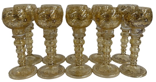 SET OF 10 GILT ENAMEL DECORATED WINE GOBLETS, GERMAN
