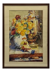WATERCOLOR BY ANNA FISHER, FLORAL STILL LIFE WITH DOLL   37" X 27"