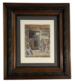 WATERCOLOR BY ABRAHAM WALKOWITZ (1878-1965) "DUTCH FAMILY IN A DOORWAY " MORKEN ISLAND HOLLAND, 1906