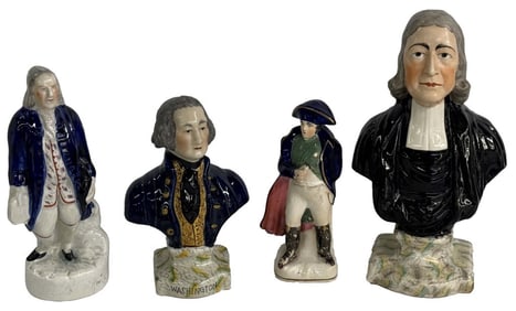 4 STAFFORDSHIRE BUST & FIGURINES INC. FRANKLIN, NAPOLEON, WASHINGTON & JOHN WESLEY TALLEST 11"