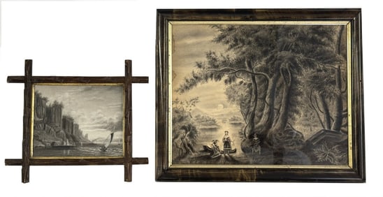 2 CHARCOAL ON PAPER "NATIVE AMERICAN IN LANDSCAPE" & "PALISADES"  LARGER 17" X 20"