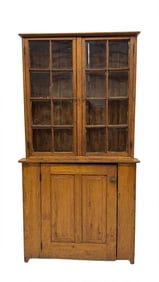 AMERICAN GLAZED DOOR STEPBACK CUPBOARD OLD REFINISH 75" X 38" X 16"