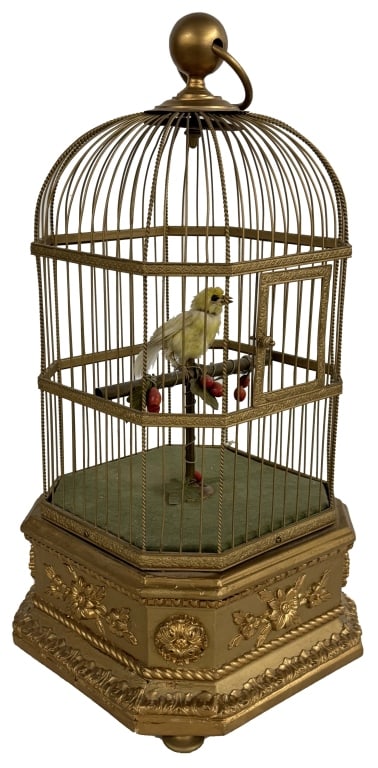 BIRD AUTOMATON IN GILDED CAGE 21 1/2" X 10 " X 10": BIRD AUTOMATON IN GILDED CAGE 21 1/2" X 10 " X 10"