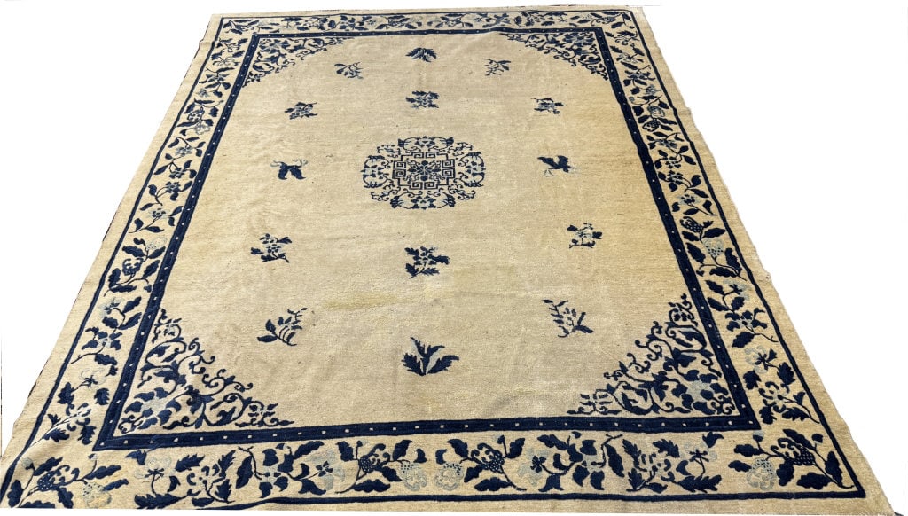 IVORY FIELD PEKING CHINESE CARPET WITH CELADON GREEN AND BLUE BORDER C. 1900 114" X 94 1/2" (1 of 6)