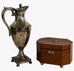 SATINWOOD TEA CADDY & OLD SHEFFIELD PLATED CLARET JUG, 13 1/4" TALL