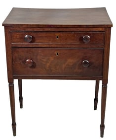 MAHOGANY 2 DRAWER WORK TABLE W/ SLIM LEGS & PLUMB BOB FEET , NYC C. 1825 29" X 24" X 16"