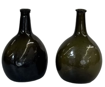 TWO EARLY MALLET SHAPED GREEN GLASS BOTTLES 8 1/2" TALL